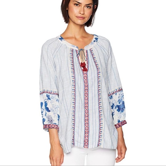 JOHNNY WAS Blouse Boho Mix TOP Peasant Embroidery Toile XS - Picture 1 of 7